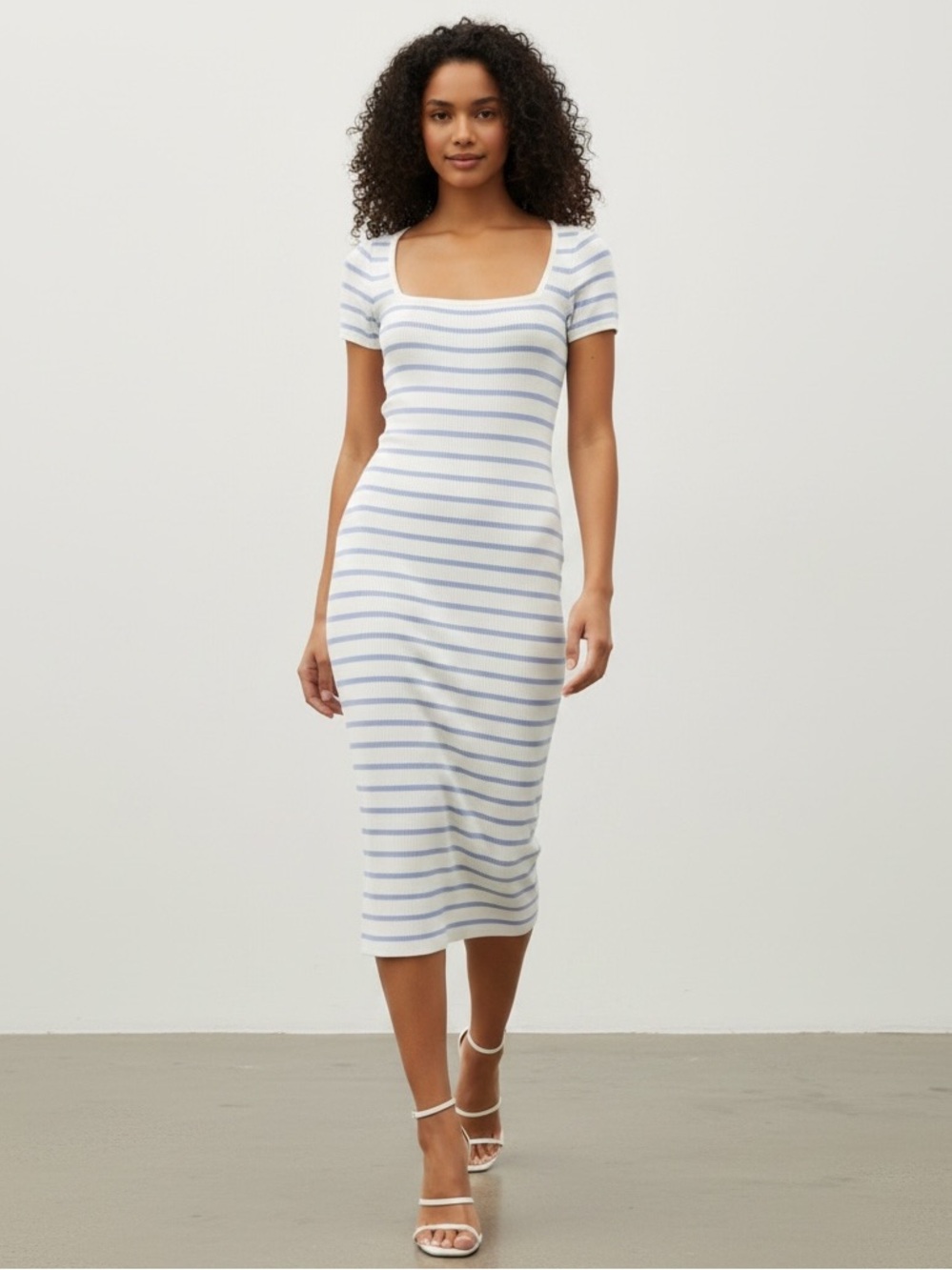1415 • Blue & White Stripe Viscose Blend Rib Knit Rounded Square Neck Dress